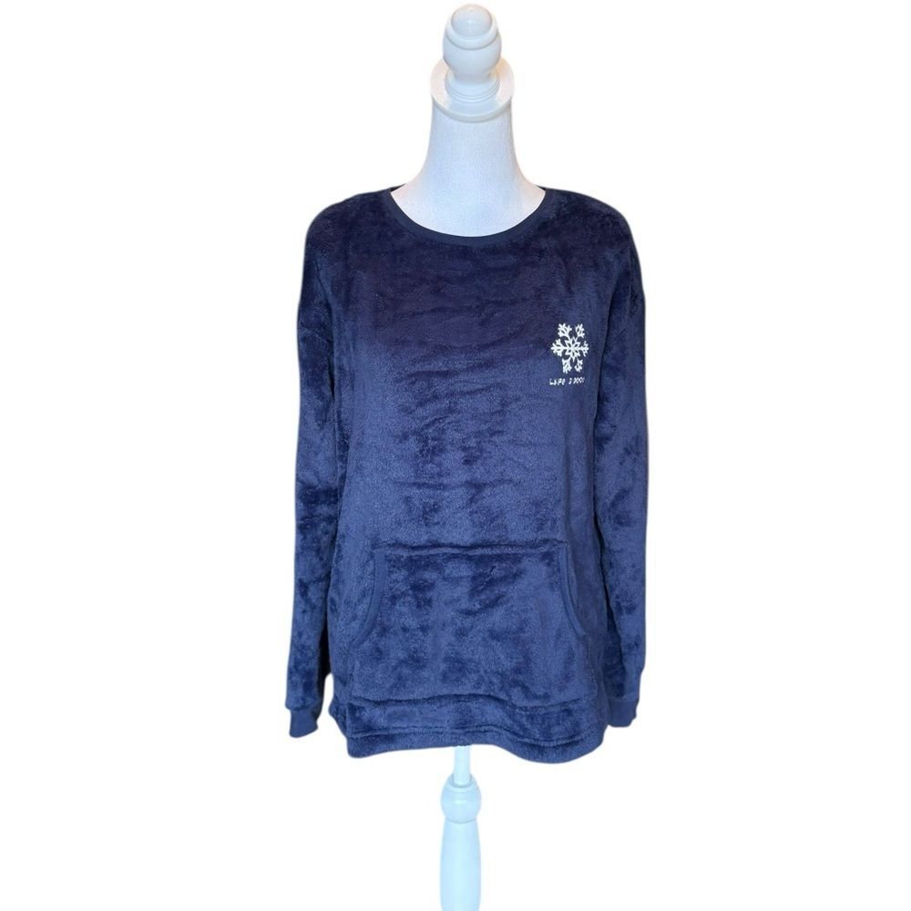 Life Is Good Snowflake Fleece Pullover Sleep Sweater Womens Medium Navy Blue